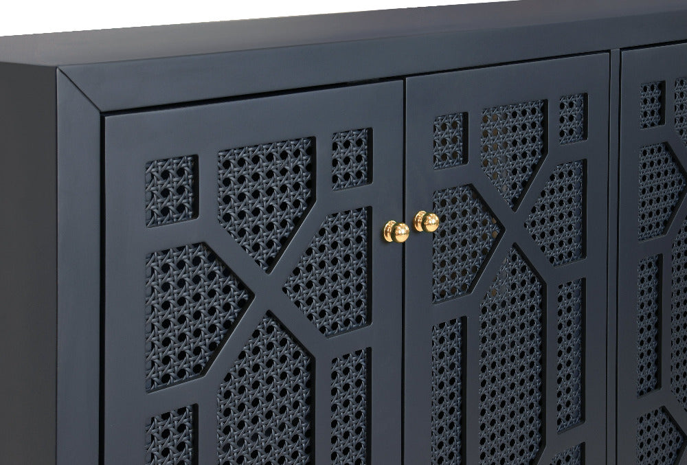 Celia Navy Matte Lacquer Cabinet woven cane closeup
