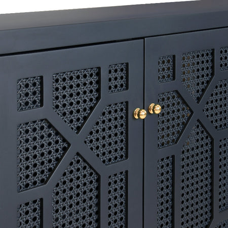 Celia Navy Matte Lacquer Cabinet woven cane closeup