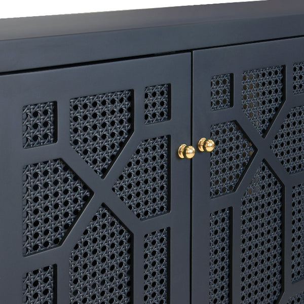 Celia Navy Matte Lacquer Cabinet woven cane closeup