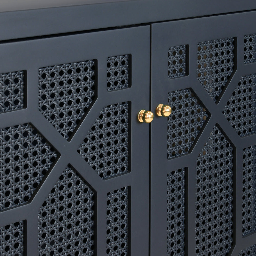 Celia Navy Matte Lacquer Cabinet woven cane door details