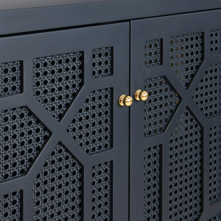 Celia Navy Matte Lacquer Cabinet woven cane door details