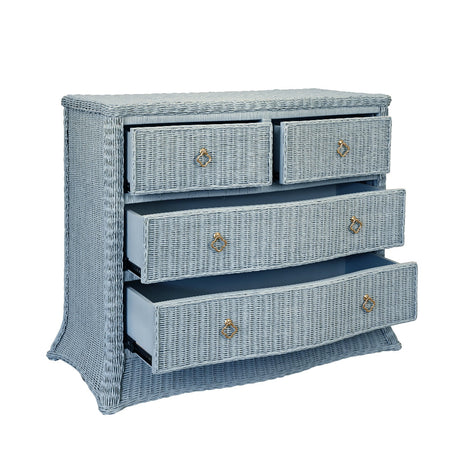 Channing Light Blue Woven Rattan Chest open drawers