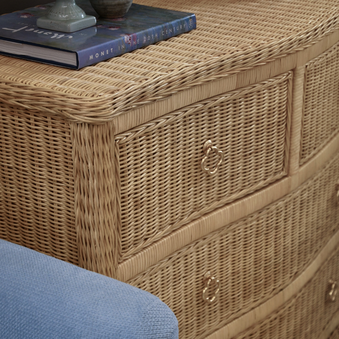 Channing Woven Rattan Chest drawer pull closeup