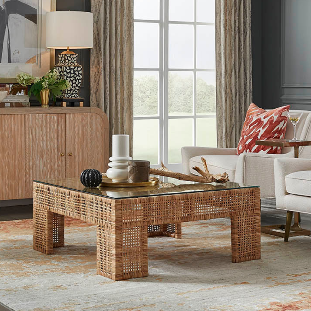 Chapin Square Rattan Coffee Table styled in living room