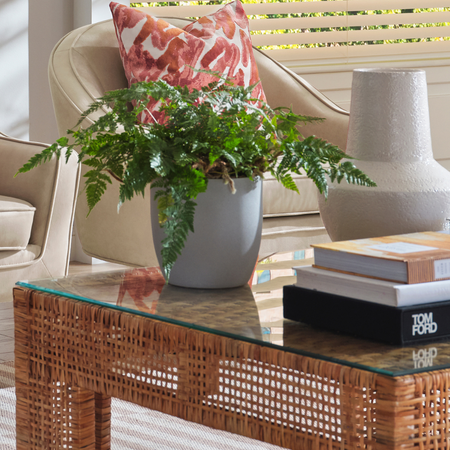 Chapin Square Woven Rattan Coffee Table styled with fern and books