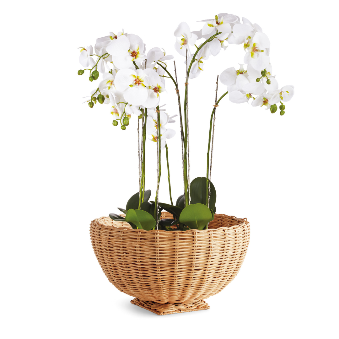 Charleston Woven Rattan Footed Bowl styled white orchid