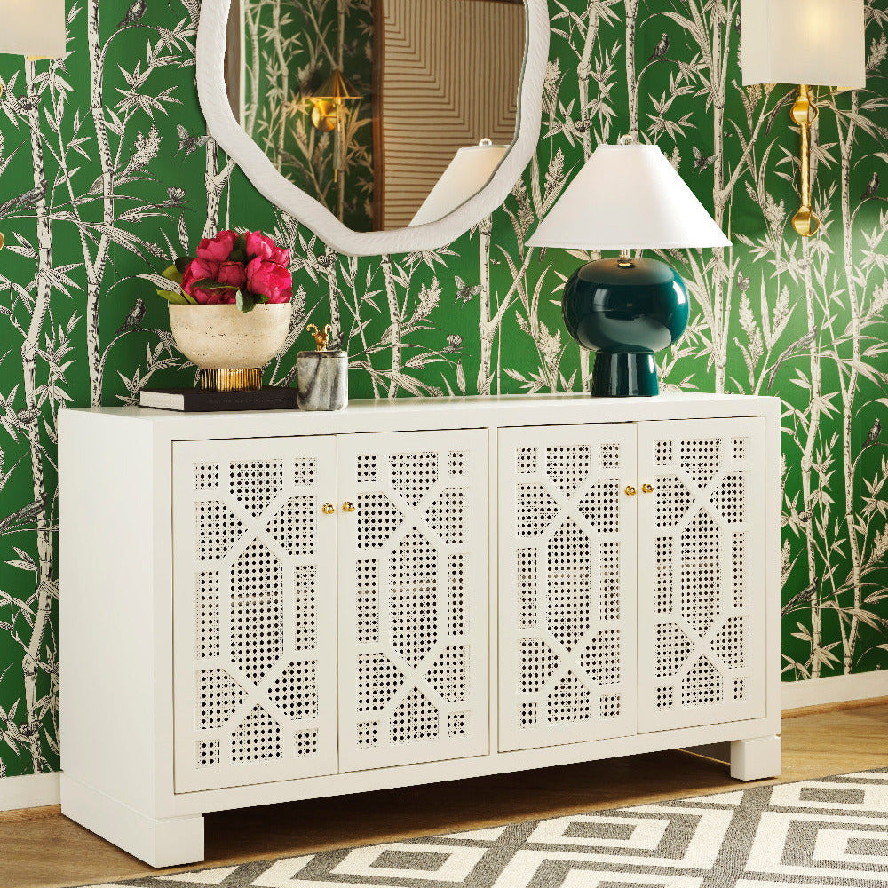 Claire White Cabinet styled in green bamboo wallpapered room