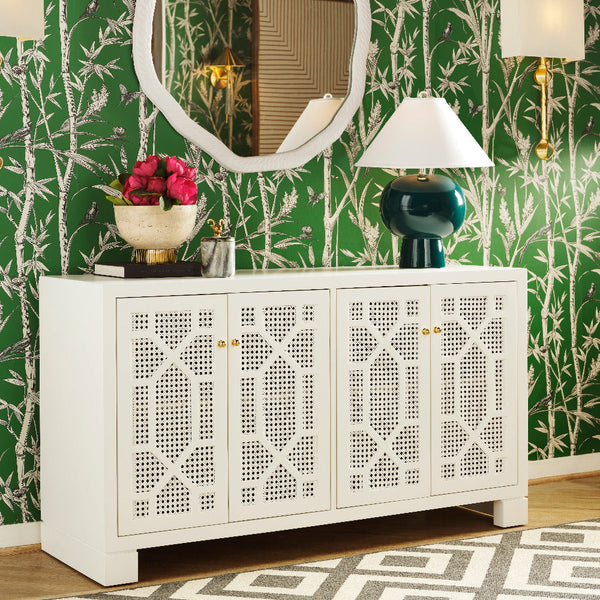 Claire White Cabinet styled in green bamboo wallpapered room