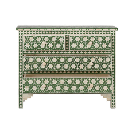 Clementine Green Floral Bone Inlay Chest with open drawers