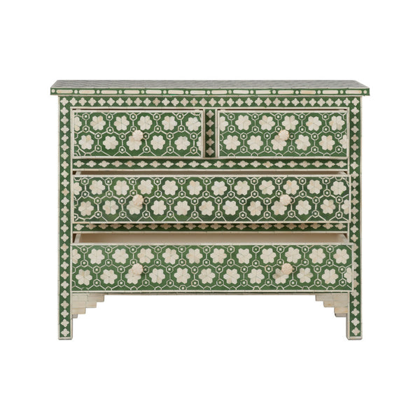 Clementine Green Floral Bone Inlay Chest with open drawers