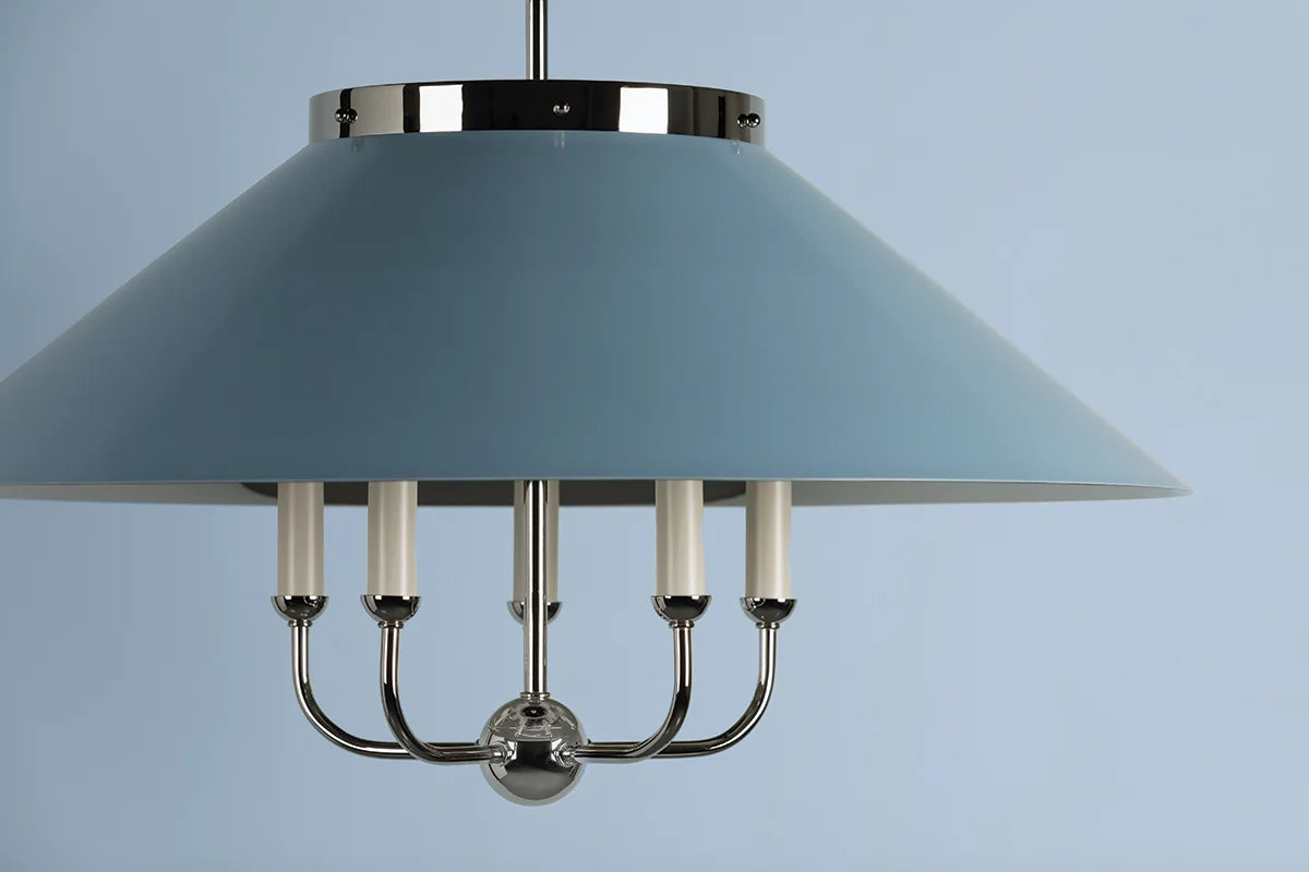 Clivedon Blue Bird Chandelier - painted blue tapered metal shade