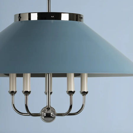 Clivedon Blue Bird Chandelier - painted blue tapered metal shade