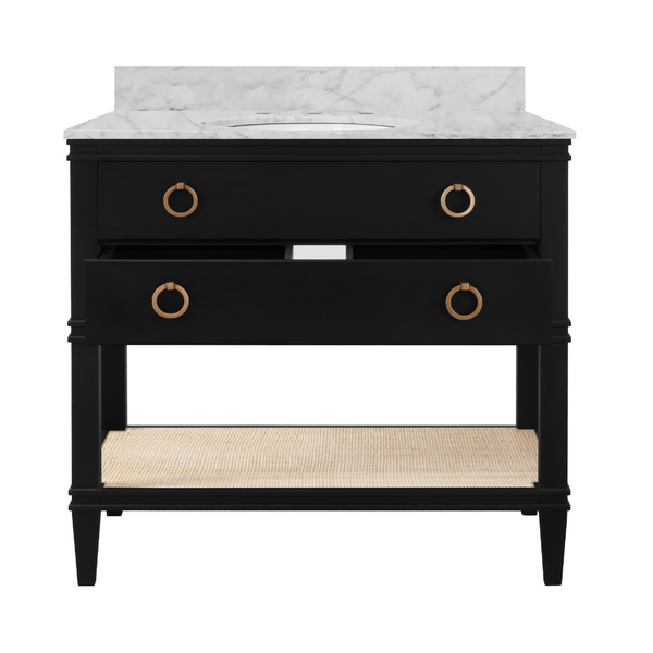 Marble Top Cogswell Black Vanity with open drawer