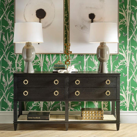 Cogswell Black Console styled in dining room with green wallpaper