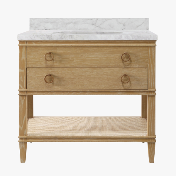 Cogswell Cerused Oak Vanity with marble top and cane shelf