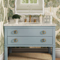 Cogswell Light Blue Vanity styled in bathroom