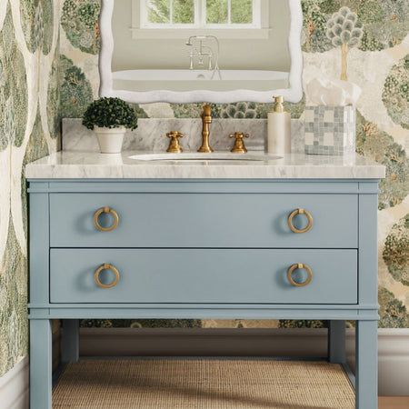 Cogswell Light Blue Vanity styled in bathroom