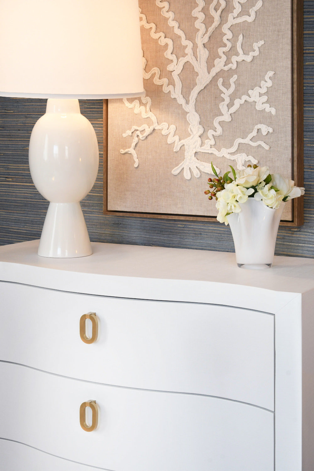 Castella White Lacquered Linen Chest Styled Closeup