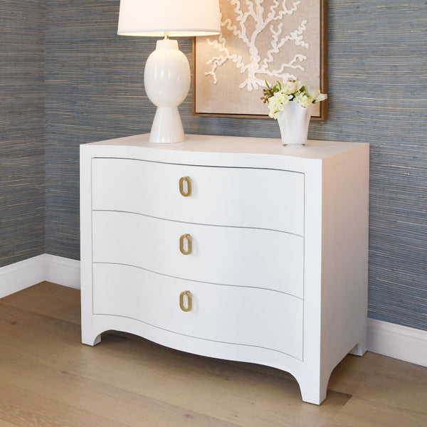 Castella White Chest styled in room with blue grasscloth walls
