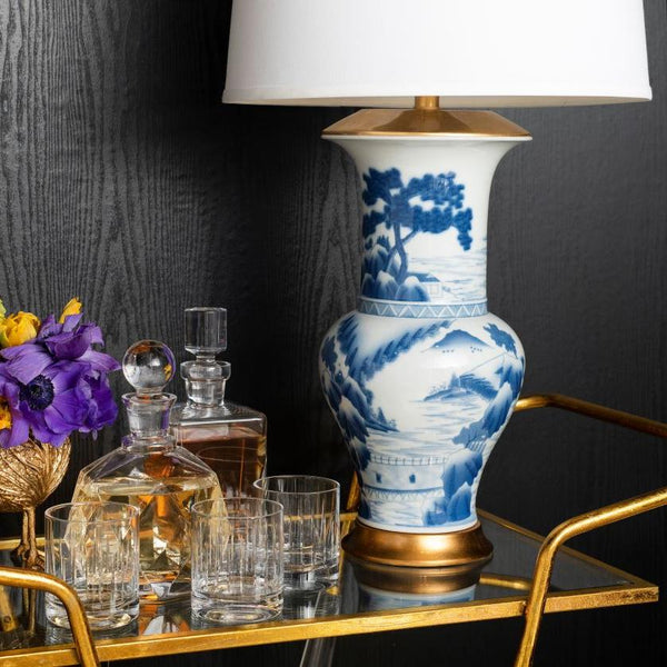 Blue and White Chinoiserie Pavilion Lamp on Bar Cart