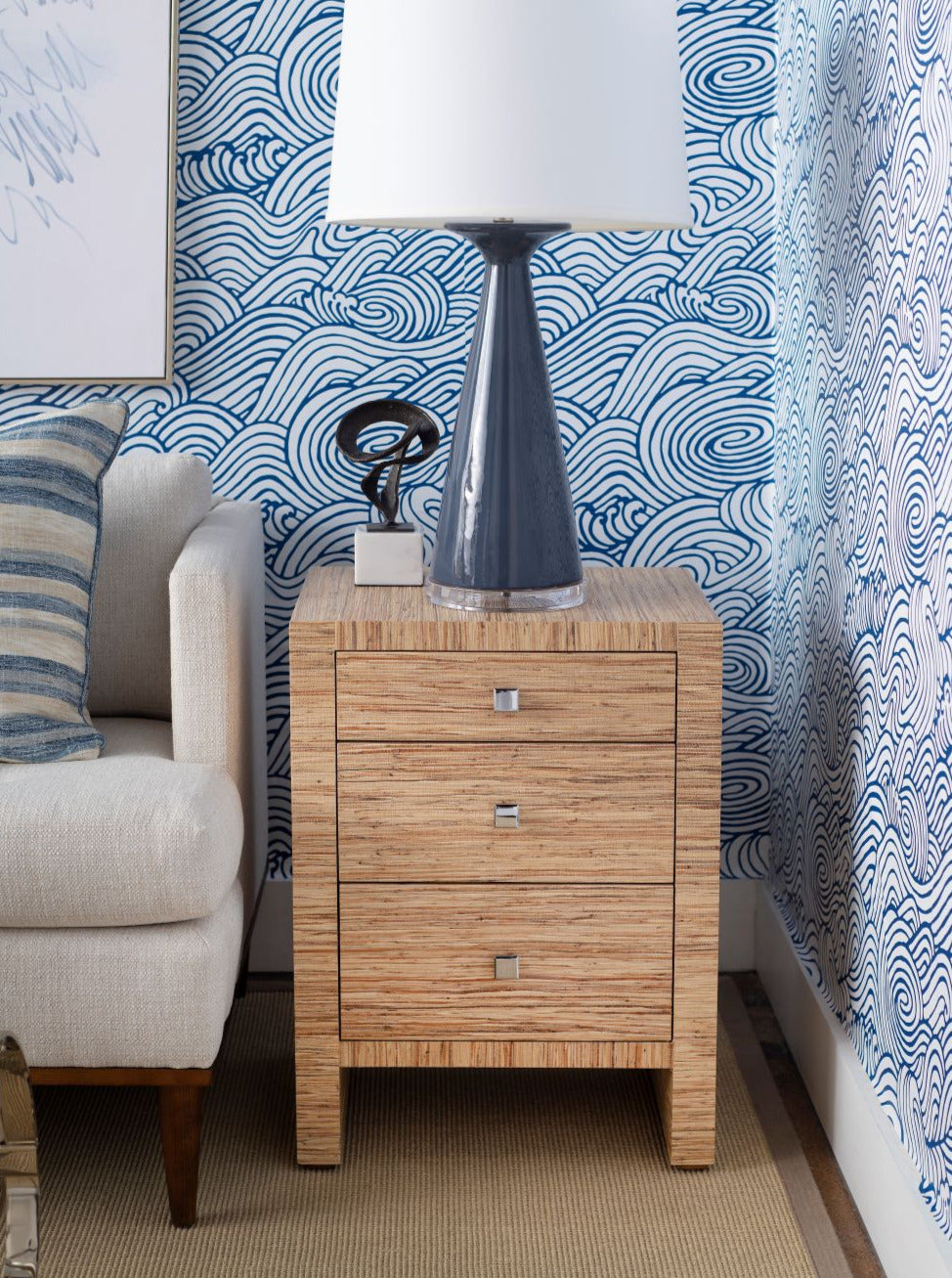 Madison Grasscloth Nighstand Styled with blue lamp