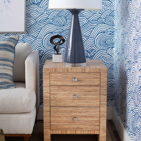 Madison Grasscloth Nighstand Styled with blue lamp