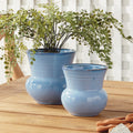 Dabney Chambray Blue Stoneware Pots with greenery