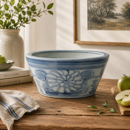 Dahlia Blue and White Planter styled on rustic table