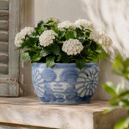 Dahlia Bowl styled with white hydrangeas