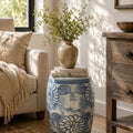 Dahlia Garden Stool styled with books and vase in living room