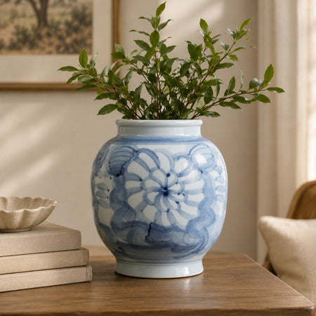 Dahlia Vase styled with greenery on coffee table