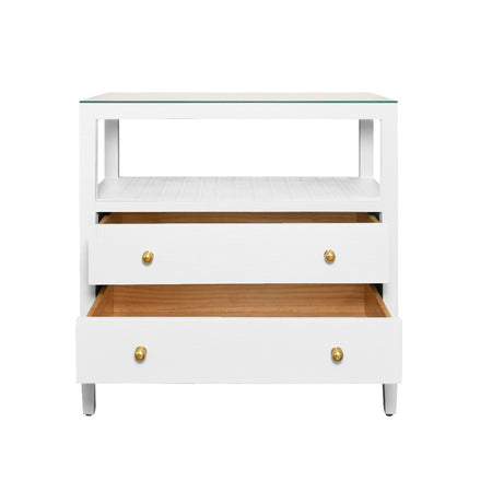 Damien White Lacquered Linen Side Table with open drawers