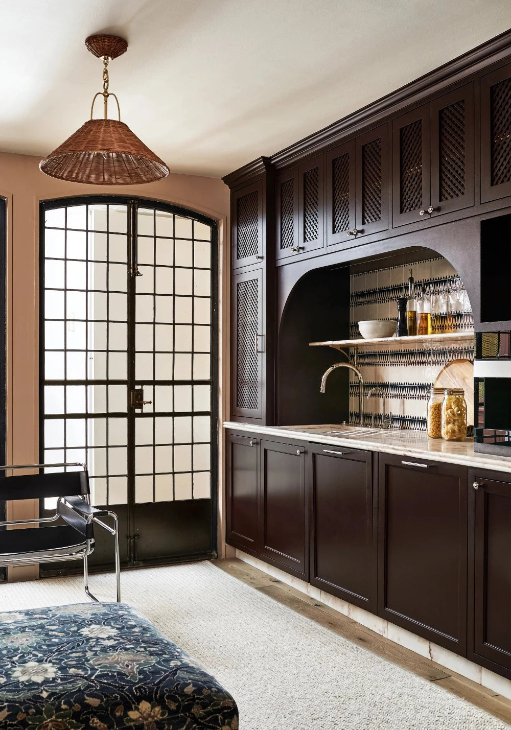 Zoe Feldman Davida Woven Rattan Pendant in bar area