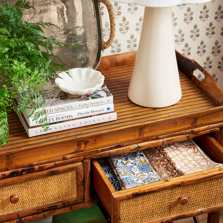 Marble Floweret Dish styled on Tortoise Bamboo Serving Console - Dear Keaton