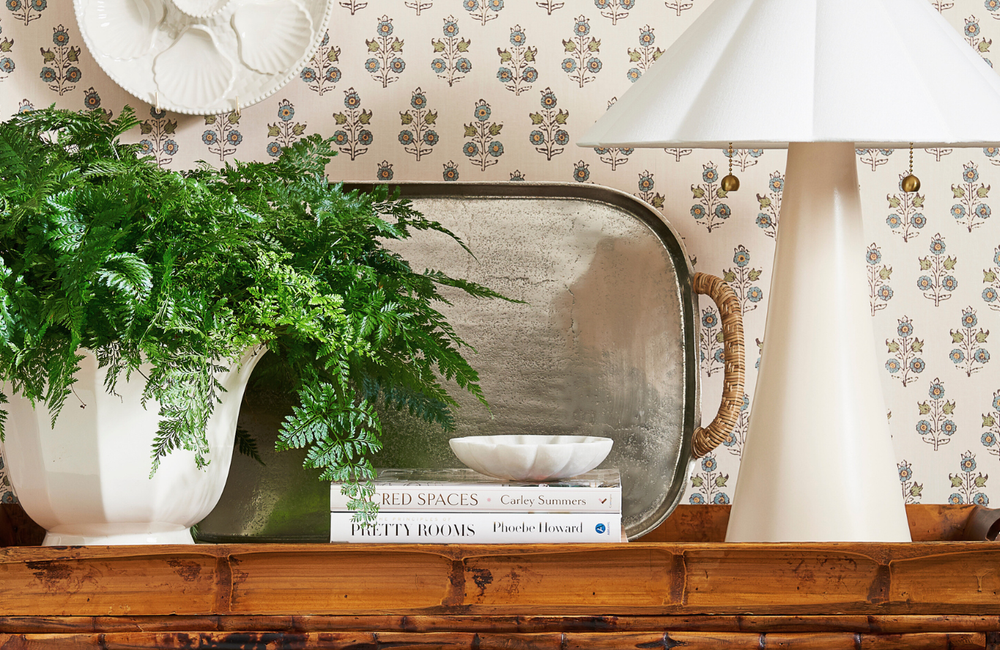 Dear Keaton Bestseller Collection - Lamp on Tortoise Bamboo Console with fern