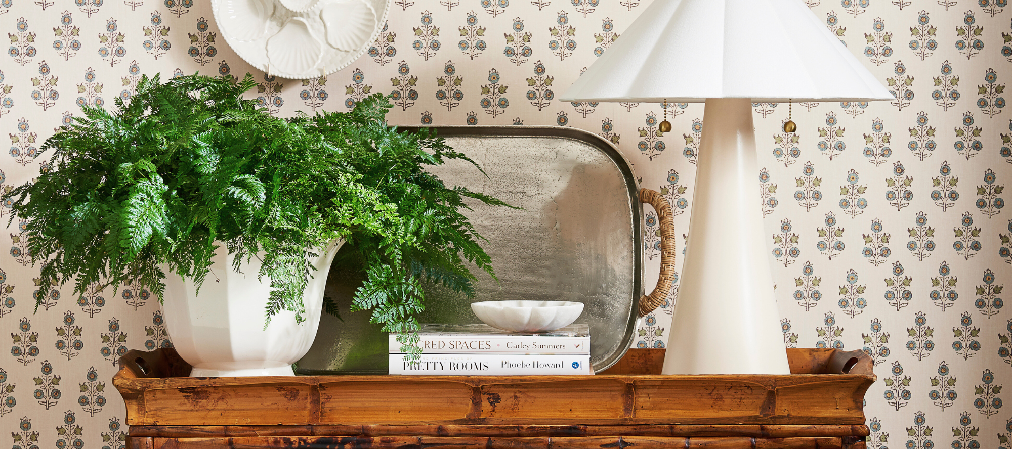 Dear Keaton Bestseller Collection - Lamp on Tortoise Bamboo Console with fern