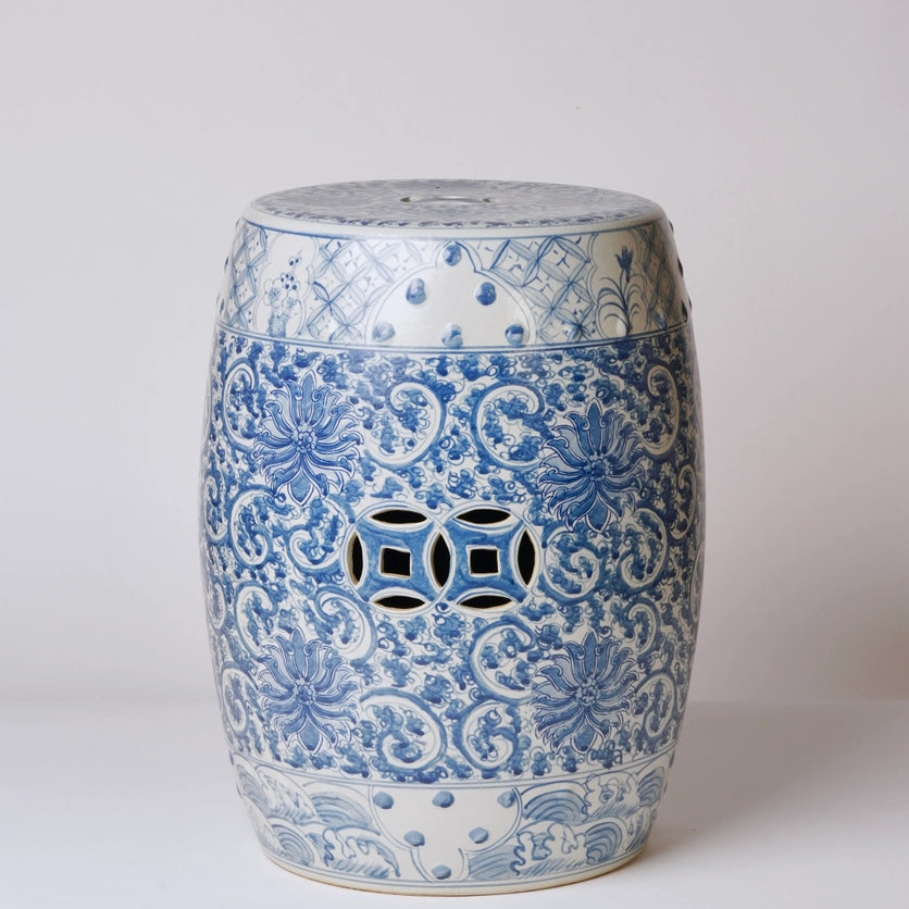 Dear Keaton Blue and White Lotus Bloom Garden Stool 