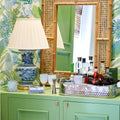 Devon Nickel Embossed Large Bar Tray  and Canton Lamp, Torcello Blue Glasses styled in green bar