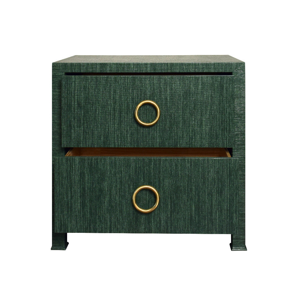 Miles Forest Green Grasscloth Two Drawer Nightstand with open drawers