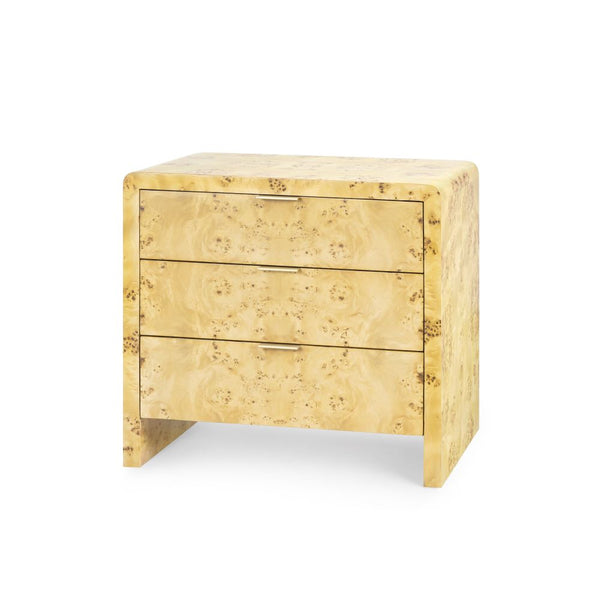 Etienne Burl Wood Side Table - three drawer bedside table