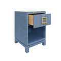 Edmond Blue Grasscloth Bedside Table - one drawer open