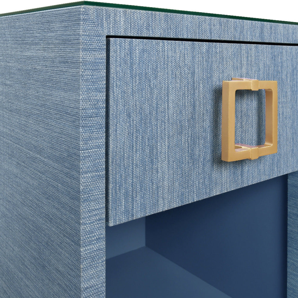 Edmond Blue Grasscloth Side Table gold hardware closeup