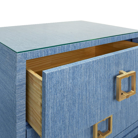 Edmond Blue Two Drawer Grasscloth Nightstand - open drawer
