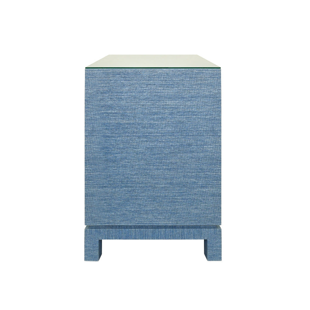  Edmond Blue Two Drawer Grasscloth Nightstand side view