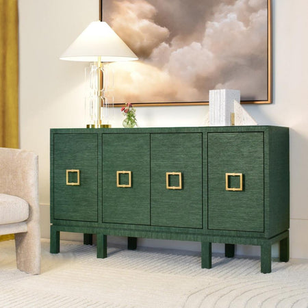 Edmond Forest Grasscloth Buffet styled in living room with cloud art