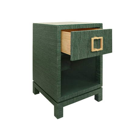 Edmond Forest Green Grasscloth BedSide Table - open drawer
