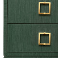Green two-drawer cabinet with gold square handles on a white background