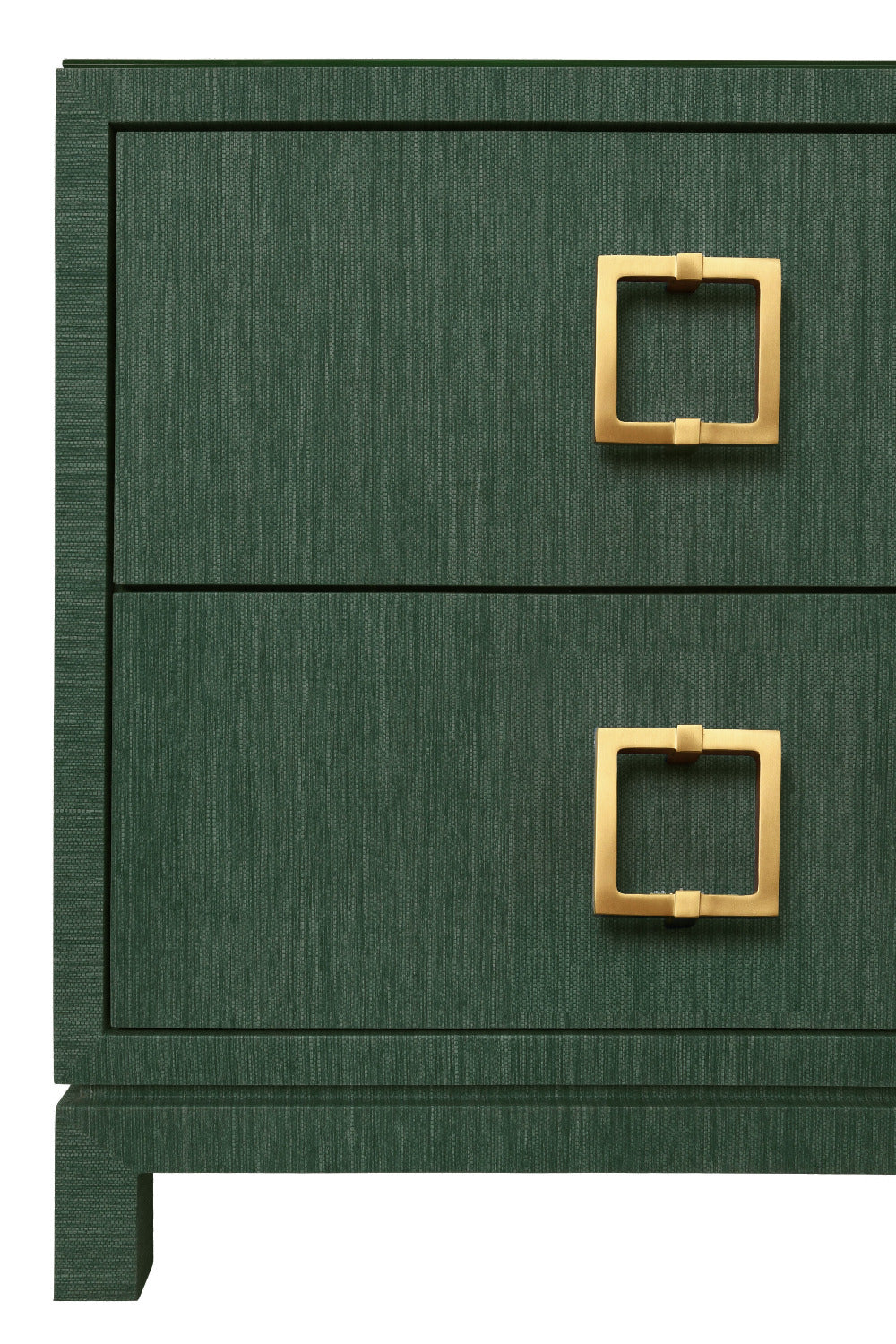 Green two-drawer cabinet with gold square handles on a white background