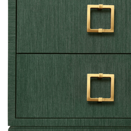 Green two-drawer cabinet with gold square handles on a white background