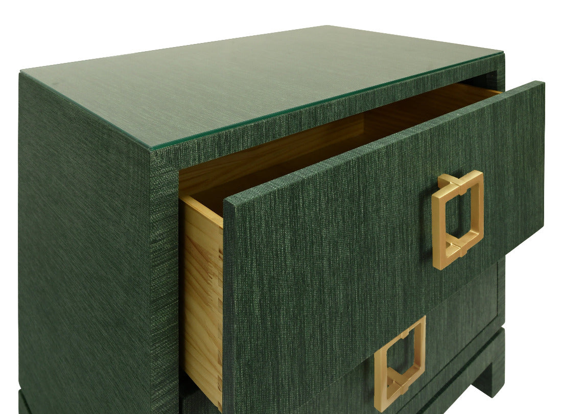 Edmond Forest Green Grasscloth Nightstand with open drawer